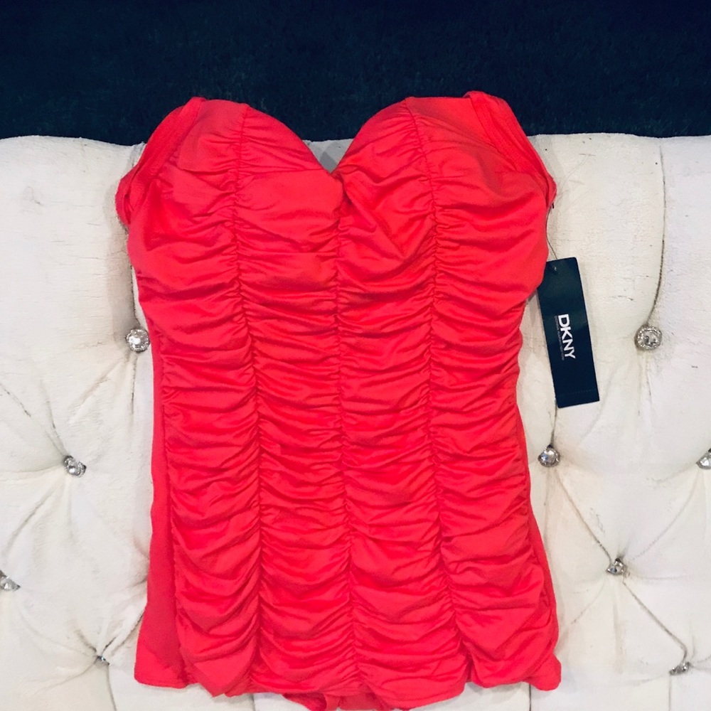DKNY CORAL RUSCHED SWIMDRESS SIZE 6 NEW WITH TAGS